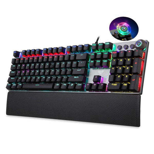 AULA 104 Keys Backlit Gaming Mechanical Keyboard with Wrist Support USB Wired - Light Switch Knob