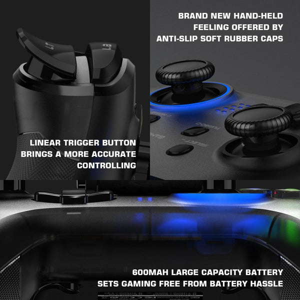 Controller with linear trigger buttons, rubber thumb grip caps, 600mAh battery