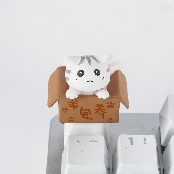 Cute Cat in A Box Design Custom Keyboard Keycaps - White Cat