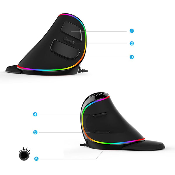 Delux RGB Wired/Wireless Ergonomics Vertical Mouse 6 Buttons, 4000 DPI - Buttons