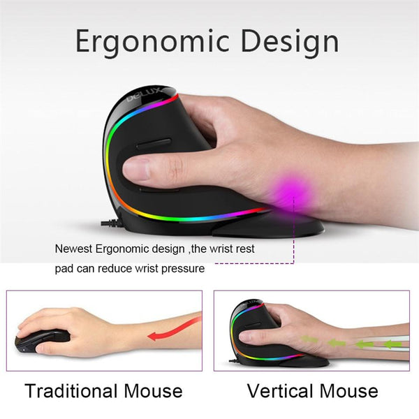 Delux RGB Wired/Wireless Ergonomics Vertical Mouse 6 Buttons, 4000 DPI - Ergonomic Design