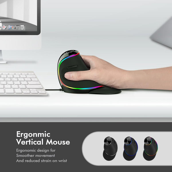Delux RGB Wired/Wireless Ergonomics Vertical Mouse 6 Buttons, 4000 DPI - Reduces Wrist Strain