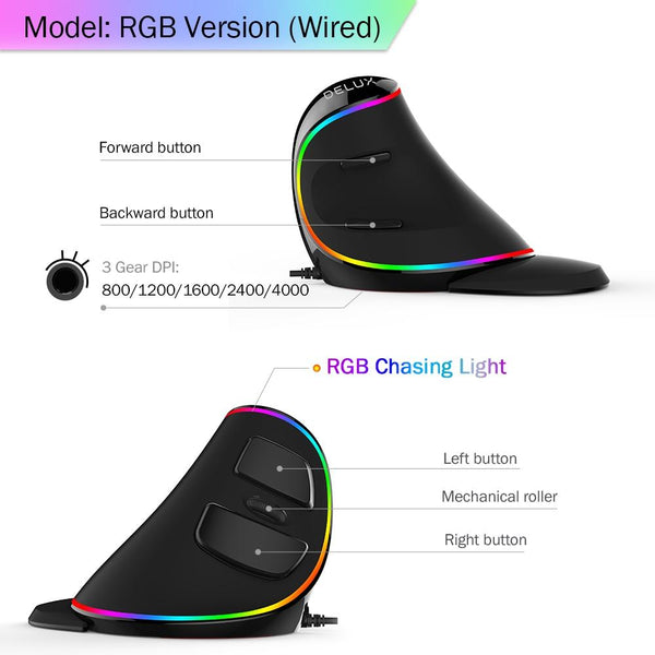 Delux RGB Wired/Wireless Ergonomics Vertical Mouse 6 Buttons, 4000 DPI - RGB Specifications