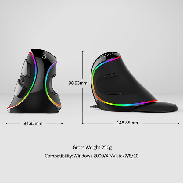 Delux RGB Wired/Wireless Ergonomics Vertical Mouse 6 Buttons, 4000 DPI - Size