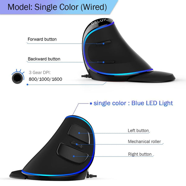 Delux RGB Wired/Wireless Ergonomics Vertical Mouse 6 Buttons, 4000 DPI - Blue Specifications