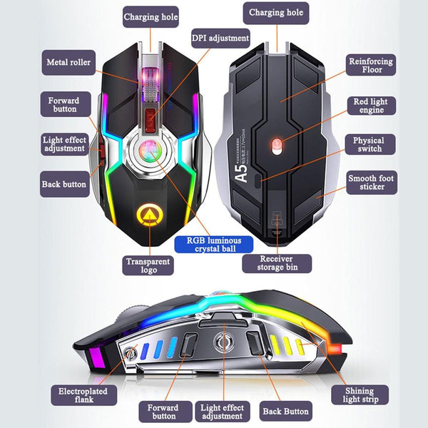 Futuristic Look - 2.4G Wireless Gaming Mouse RGB Light,1600 DPI, 7 Button