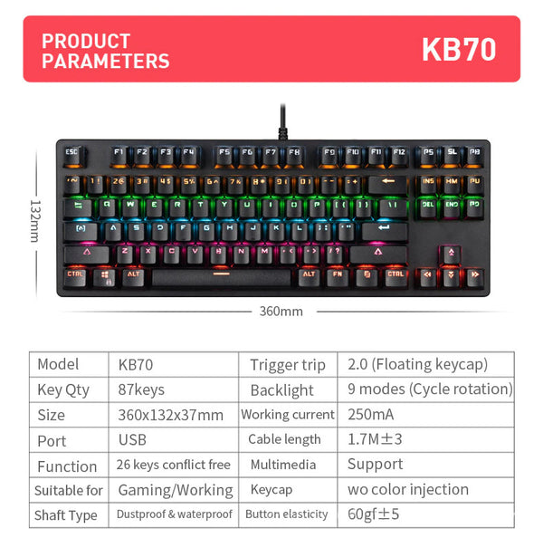 Legend USB Wired RGB Gaming Keyboard 87 Key Portable Size