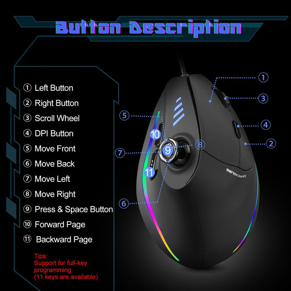 Ergonomic Vertical Mouse Wired RGB with Thumb Stick - Buttons
