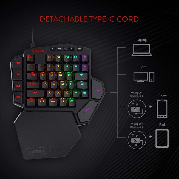 Redragon Wired RGB Mechanical Gaming Keypad, 42 Keys, Ergonomic Design with Wrist Support, OUTEMU Blue Switch - USB Connectivity