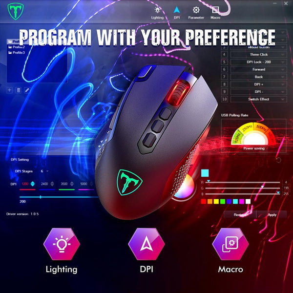 PICTEK Wireless Rechargeable Gaming Mouse 10000DPI, 10 Buttons, RGB Backlit - Programmable Buttons