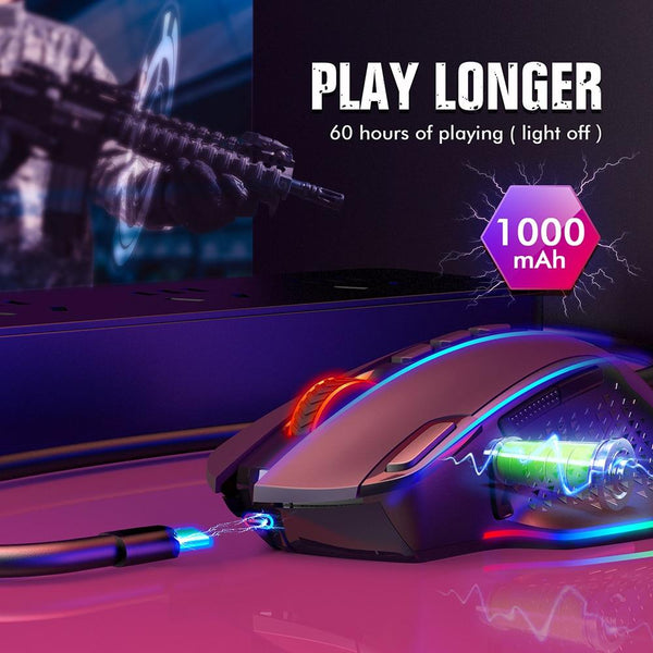 PICTEK Wireless Rechargeable Gaming Mouse 10000DPI, 10 Buttons, RGB Backlit - Long Battery Life