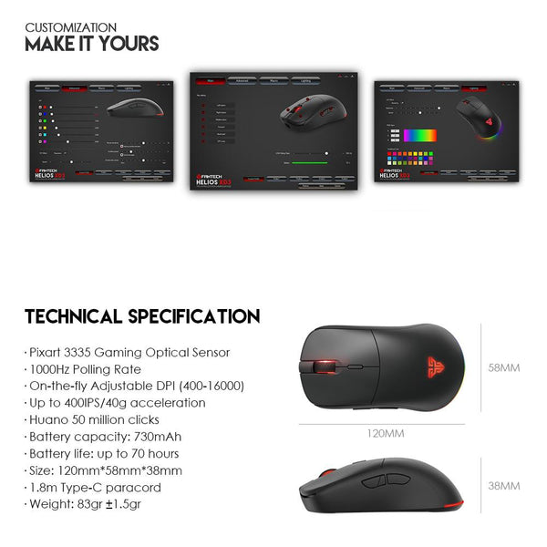 Fantech Helios RGB Wireless Gaming Mouse PWM3335 Sensor, 10000 DPI, 6 Button - Specifications